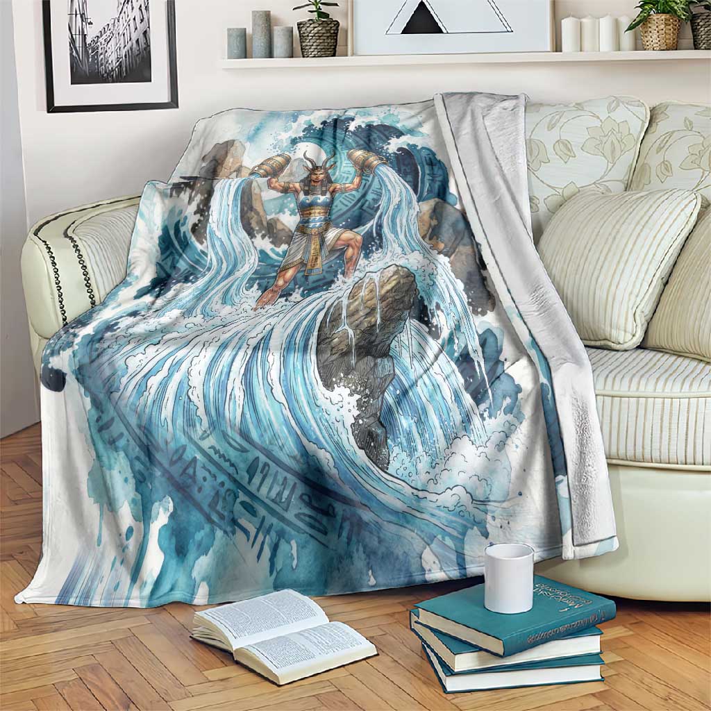 Satis Water Torrent Blanket with Egyptian Flood Symbolism in Oceanic Blue Tones