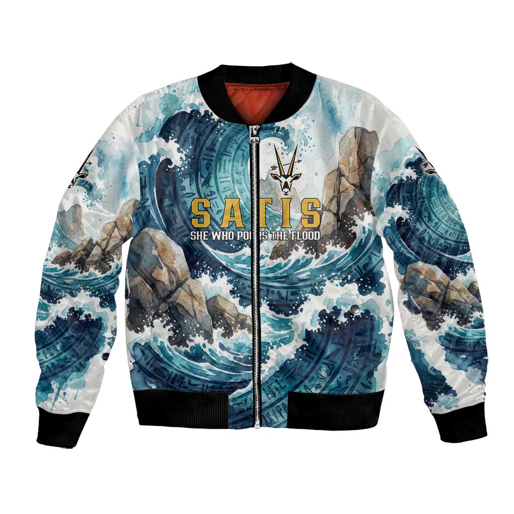 Satis Water Torrent Bomber Jacket with Egyptian Flood Symbolism in Oceanic Blue Tones