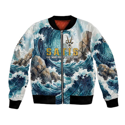 Satis Water Torrent Bomber Jacket with Egyptian Flood Symbolism in Oceanic Blue Tones