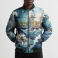 Satis Water Torrent Bomber Puffer Jacket with Egyptian Flood Symbolism in Oceanic Blue Tones