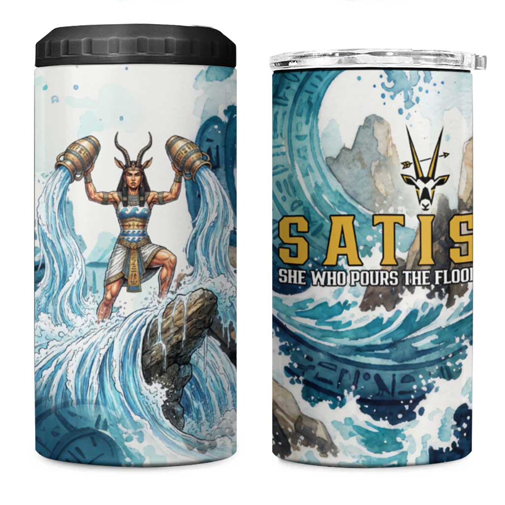 Satis Water Torrent 4 in 1 Can Cooler Tumbler with Egyptian Flood Symbolism in Oceanic Blue Tones