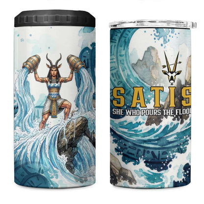 Satis Water Torrent 4 in 1 Can Cooler Tumbler with Egyptian Flood Symbolism in Oceanic Blue Tones