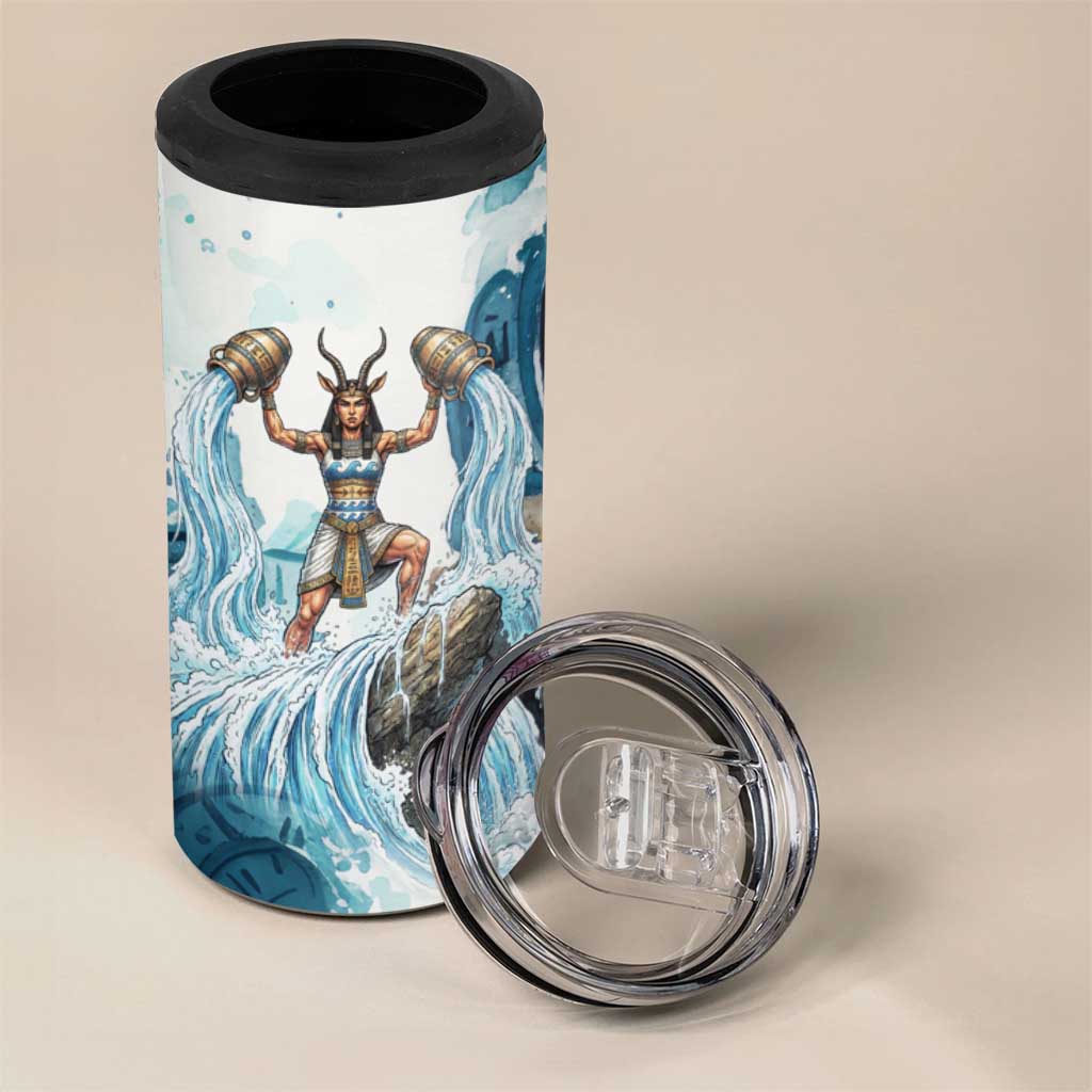 Satis Water Torrent 4 in 1 Can Cooler Tumbler with Egyptian Flood Symbolism in Oceanic Blue Tones