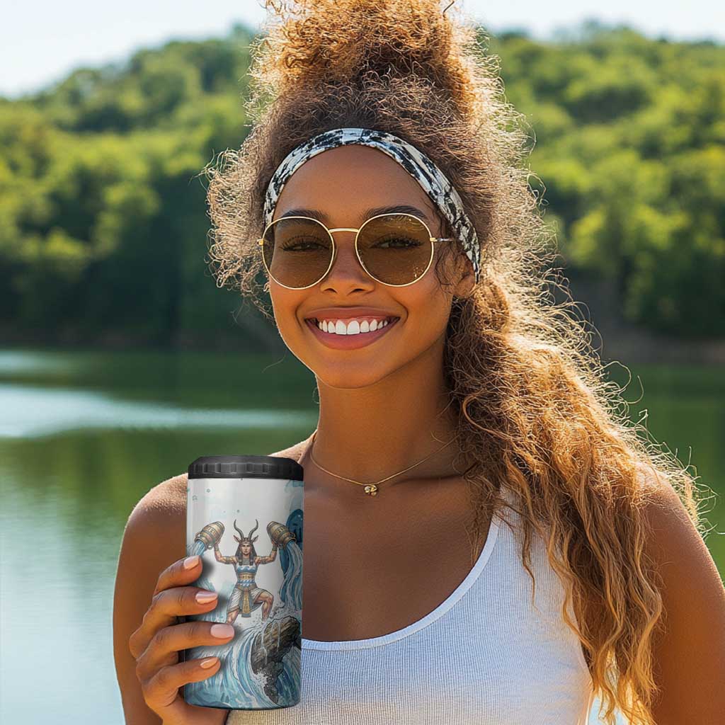 Satis Water Torrent 4 in 1 Can Cooler Tumbler with Egyptian Flood Symbolism in Oceanic Blue Tones