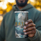 Satis Water Torrent 4 in 1 Can Cooler Tumbler with Egyptian Flood Symbolism in Oceanic Blue Tones
