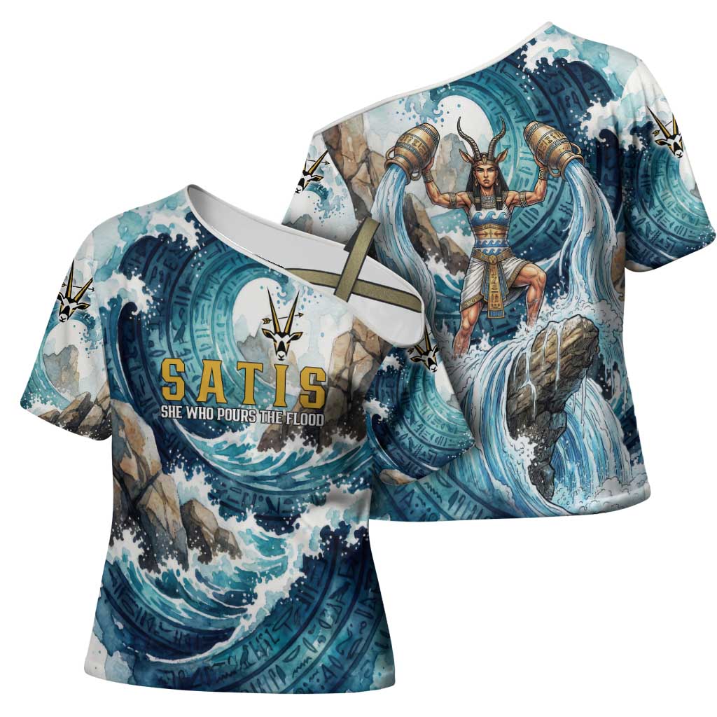 Satis Water Torrent Cross Shoulder Shirt with Egyptian Flood Symbolism in Oceanic Blue Tones
