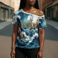 Satis Water Torrent Cross Shoulder Shirt with Egyptian Flood Symbolism in Oceanic Blue Tones
