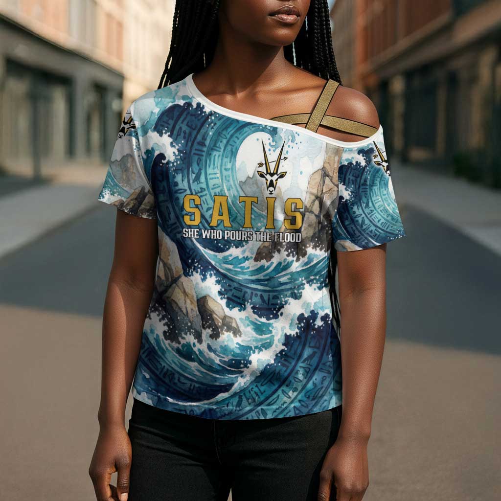 Satis Water Torrent Cross Shoulder Shirt with Egyptian Flood Symbolism in Oceanic Blue Tones