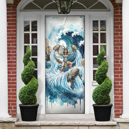 Satis Water Torrent Door Cover with Egyptian Flood Symbolism in Oceanic Blue Tones