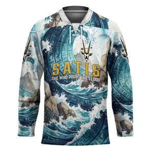 Satis Water Torrent Hockey Jersey with Egyptian Flood Symbolism in Oceanic Blue Tones