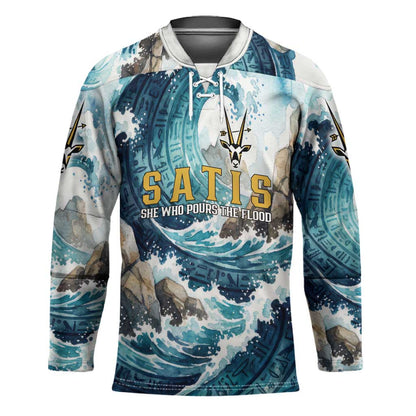 Satis Water Torrent Hockey Jersey with Egyptian Flood Symbolism in Oceanic Blue Tones