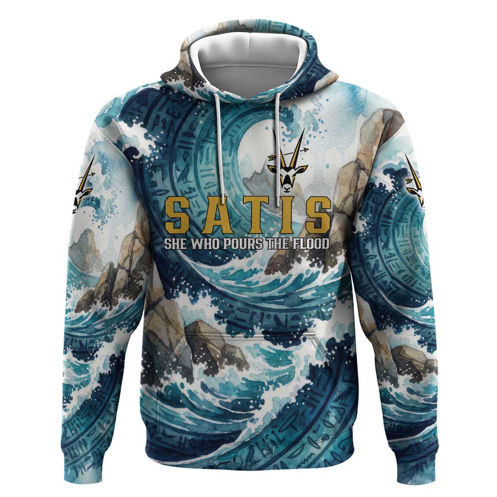 Satis Water Torrent Hoodie with Egyptian Flood Symbolism in Oceanic Blue Tones