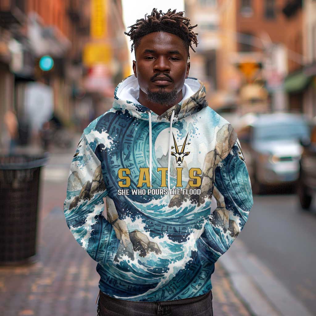 Satis Water Torrent Hoodie with Egyptian Flood Symbolism in Oceanic Blue Tones