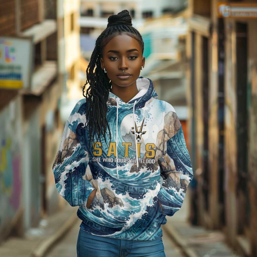 Satis Water Torrent Hoodie with Egyptian Flood Symbolism in Oceanic Blue Tones