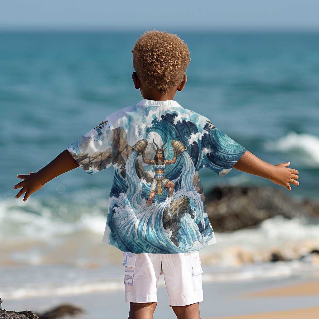 Satis Water Torrent Kid Hawaiian Shirt with Egyptian Flood Symbolism in Oceanic Blue Tones
