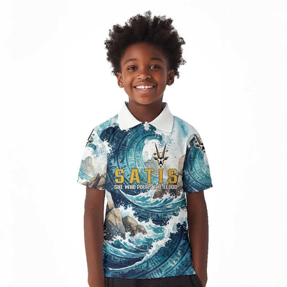 Satis Water Torrent Kid Polo Shirt with Egyptian Flood Symbolism in Oceanic Blue Tones