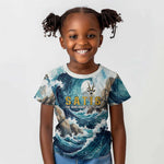 Satis Water Torrent Kid T shirt with Egyptian Flood Symbolism in Oceanic Blue Tones