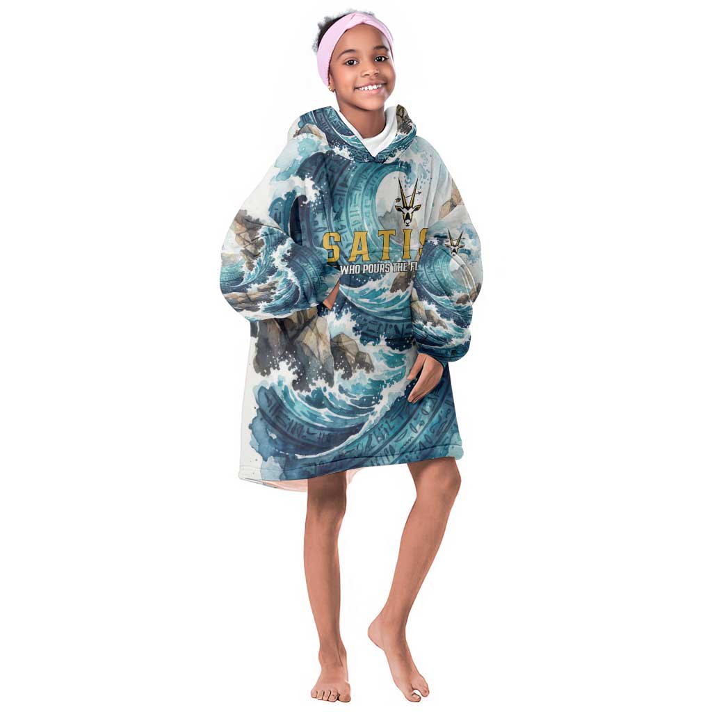 Satis Water Torrent Kid Wearable Blanket Hoodie with Egyptian Flood Symbolism in Oceanic Blue Tones