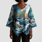 Satis Water Torrent Kimono Sleeve Blouse with Egyptian Flood Symbolism in Oceanic Blue Tones