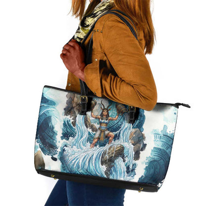 Satis Water Torrent Leather Tote Bag with Egyptian Flood Symbolism in Oceanic Blue Tones