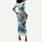 Satis Water Torrent Long Sleeve Bodycon Dress with Egyptian Flood Symbolism in Oceanic Blue Tones