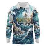 Satis Water Torrent Long Sleeve Polo Shirt with Egyptian Flood Symbolism in Oceanic Blue Tones