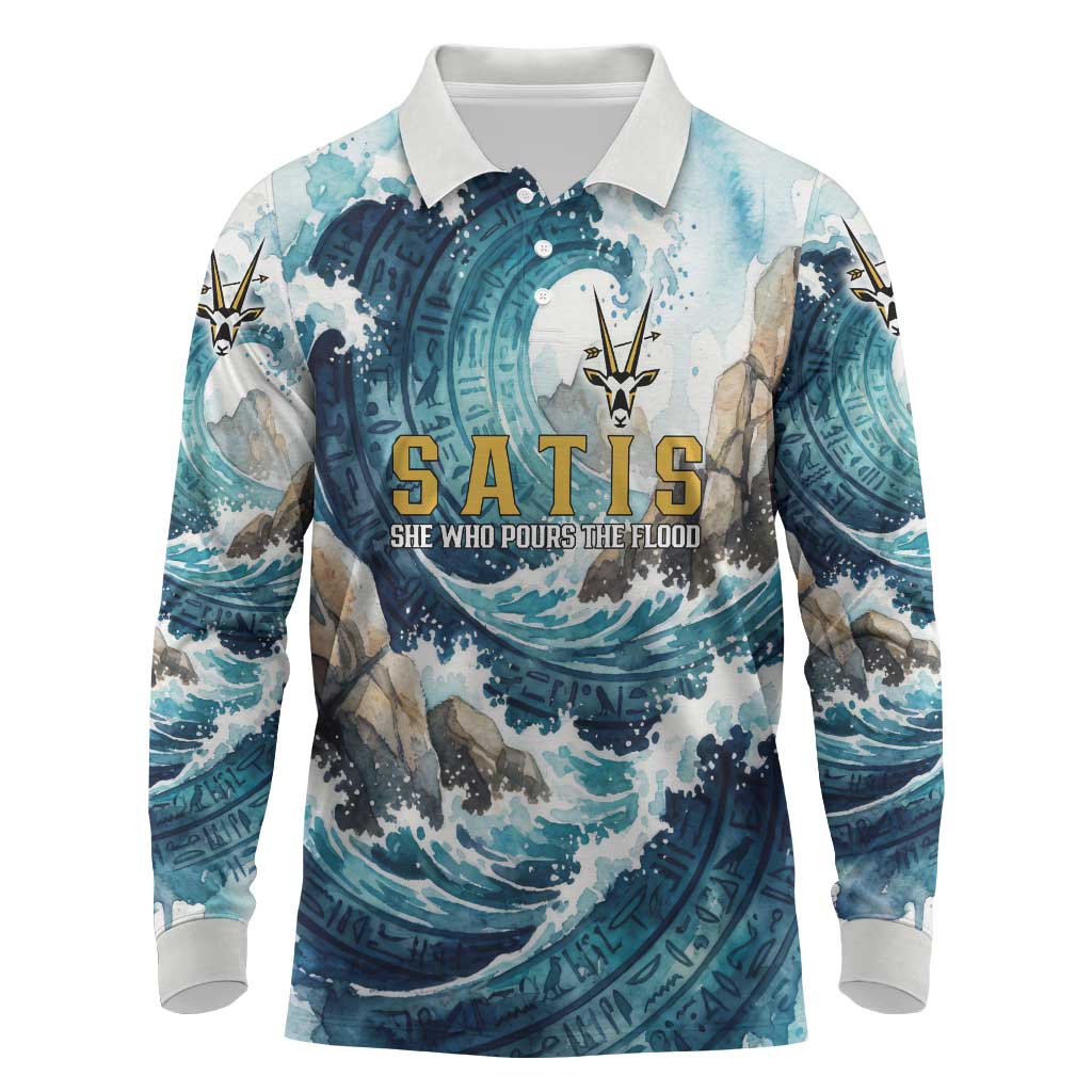Satis Water Torrent Long Sleeve Polo Shirt with Egyptian Flood Symbolism in Oceanic Blue Tones
