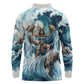 Satis Water Torrent Long Sleeve Polo Shirt with Egyptian Flood Symbolism in Oceanic Blue Tones