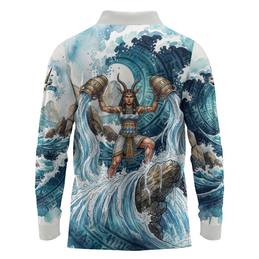 Satis Water Torrent Long Sleeve Polo Shirt with Egyptian Flood Symbolism in Oceanic Blue Tones