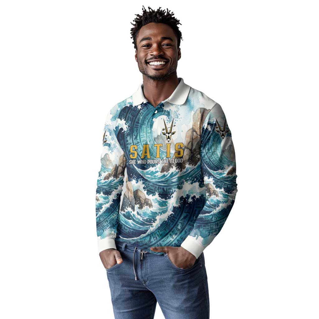 Satis Water Torrent Long Sleeve Polo Shirt with Egyptian Flood Symbolism in Oceanic Blue Tones