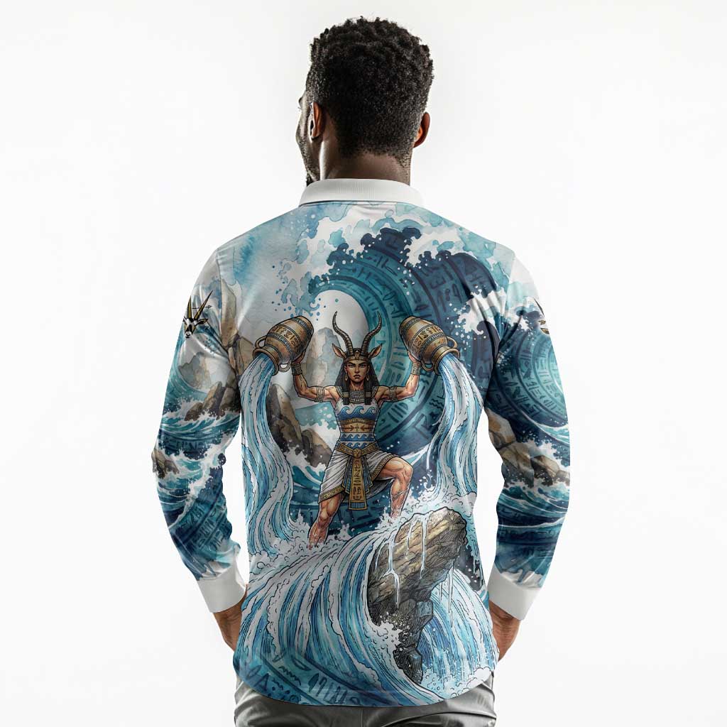 Satis Water Torrent Long Sleeve Polo Shirt with Egyptian Flood Symbolism in Oceanic Blue Tones