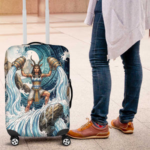 Satis Water Torrent Luggage Cover with Egyptian Flood Symbolism in Oceanic Blue Tones