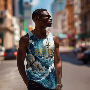 Satis Water Torrent Men Tank Top with Egyptian Flood Symbolism in Oceanic Blue Tones