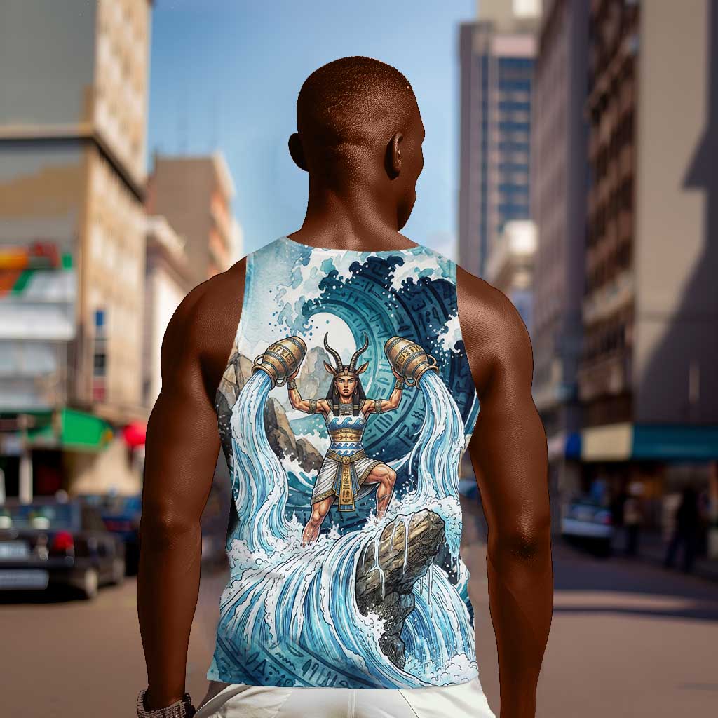 Satis Water Torrent Men Tank Top with Egyptian Flood Symbolism in Oceanic Blue Tones