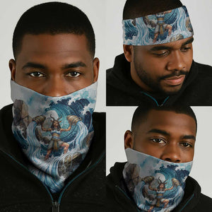Satis Water Torrent Neck Gaiter with Egyptian Flood Symbolism in Oceanic Blue Tones