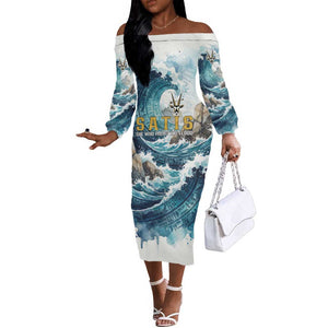 Satis Water Torrent Off The Shoulder Long Sleeve Dress with Egyptian Flood Symbolism in Oceanic Blue Tones