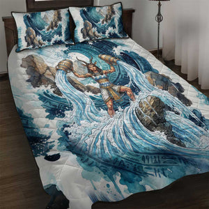 Satis Water Torrent Quilt Bed Set with Egyptian Flood Symbolism in Oceanic Blue Tones