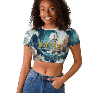 Satis Water Torrent Raglan Cropped T shirt with Egyptian Flood Symbolism in Oceanic Blue Tones