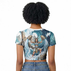 Satis Water Torrent Raglan Cropped T shirt with Egyptian Flood Symbolism in Oceanic Blue Tones