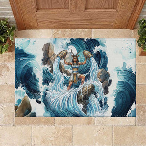 Satis Water Torrent Rubber Doormat with Egyptian Flood Symbolism in Oceanic Blue Tones