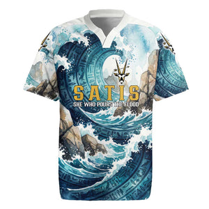 Satis Water Torrent Rugby Jersey with Egyptian Flood Symbolism in Oceanic Blue Tones