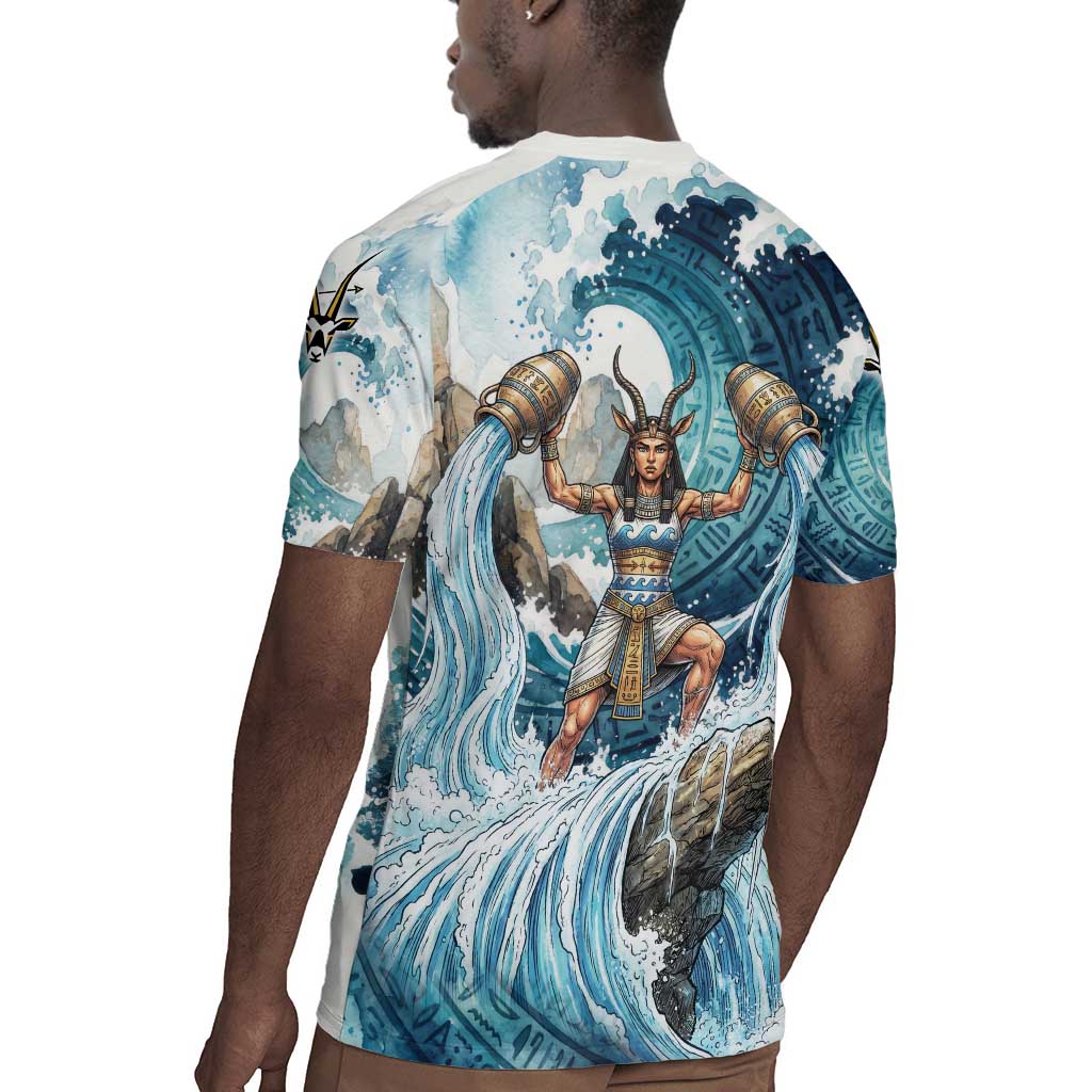 Satis Water Torrent Rugby Jersey with Egyptian Flood Symbolism in Oceanic Blue Tones