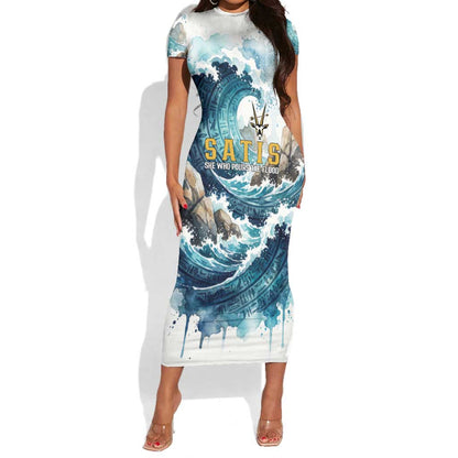 Satis Water Torrent Short Sleeve Bodycon Dress with Egyptian Flood Symbolism in Oceanic Blue Tones