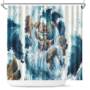 Satis Water Torrent Shower Curtain with Egyptian Flood Symbolism in Oceanic Blue Tones