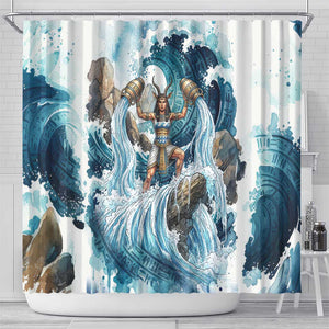 Satis Water Torrent Shower Curtain with Egyptian Flood Symbolism in Oceanic Blue Tones