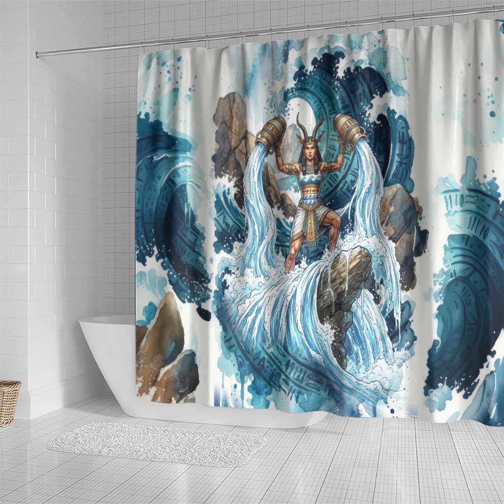 Satis Water Torrent Shower Curtain with Egyptian Flood Symbolism in Oceanic Blue Tones