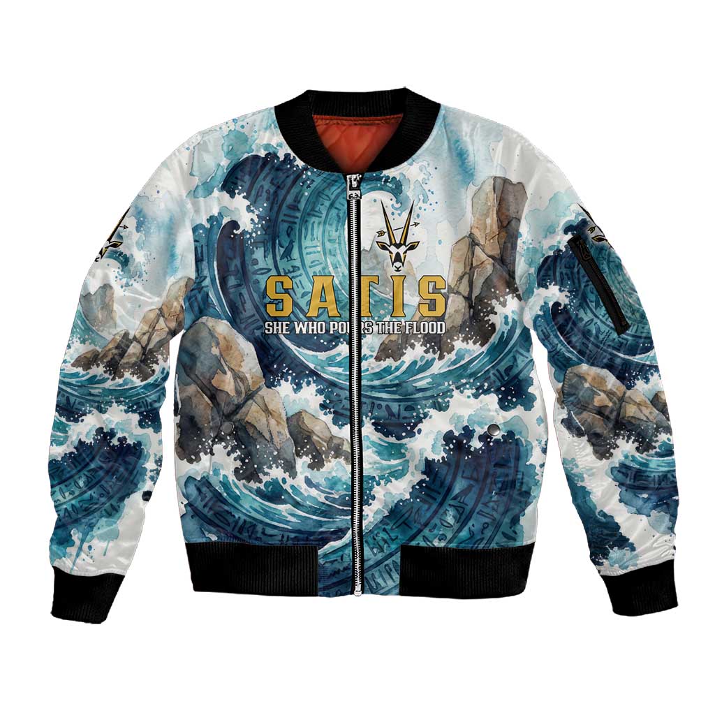 Satis Water Torrent Sleeve Zip Bomber Jacket with Egyptian Flood Symbolism in Oceanic Blue Tones