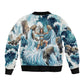 Satis Water Torrent Sleeve Zip Bomber Jacket with Egyptian Flood Symbolism in Oceanic Blue Tones