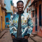 Satis Water Torrent Sleeve Zip Bomber Jacket with Egyptian Flood Symbolism in Oceanic Blue Tones