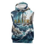 Satis Water Torrent Sleeveless Hoodie with Egyptian Flood Symbolism in Oceanic Blue Tones
